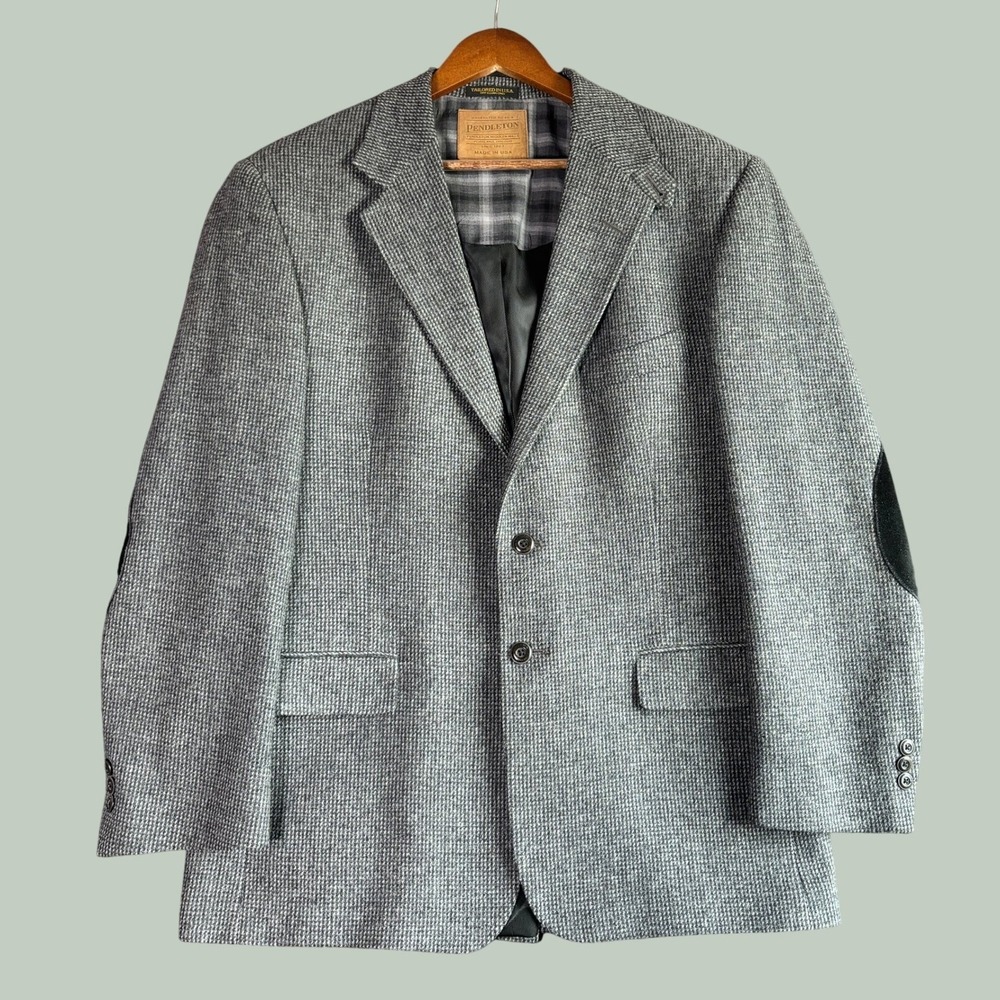 Pendleton Blazer 44R Gray Wool Houndstooth Suede Elbow Patches Heritage Academia